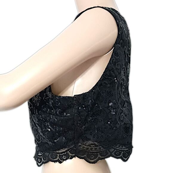 Lace Sequin Cropped Top Sz 13 L Black Romantic Witchy Goth Whimsigoth Sexy Bling - Picture 6 of 16